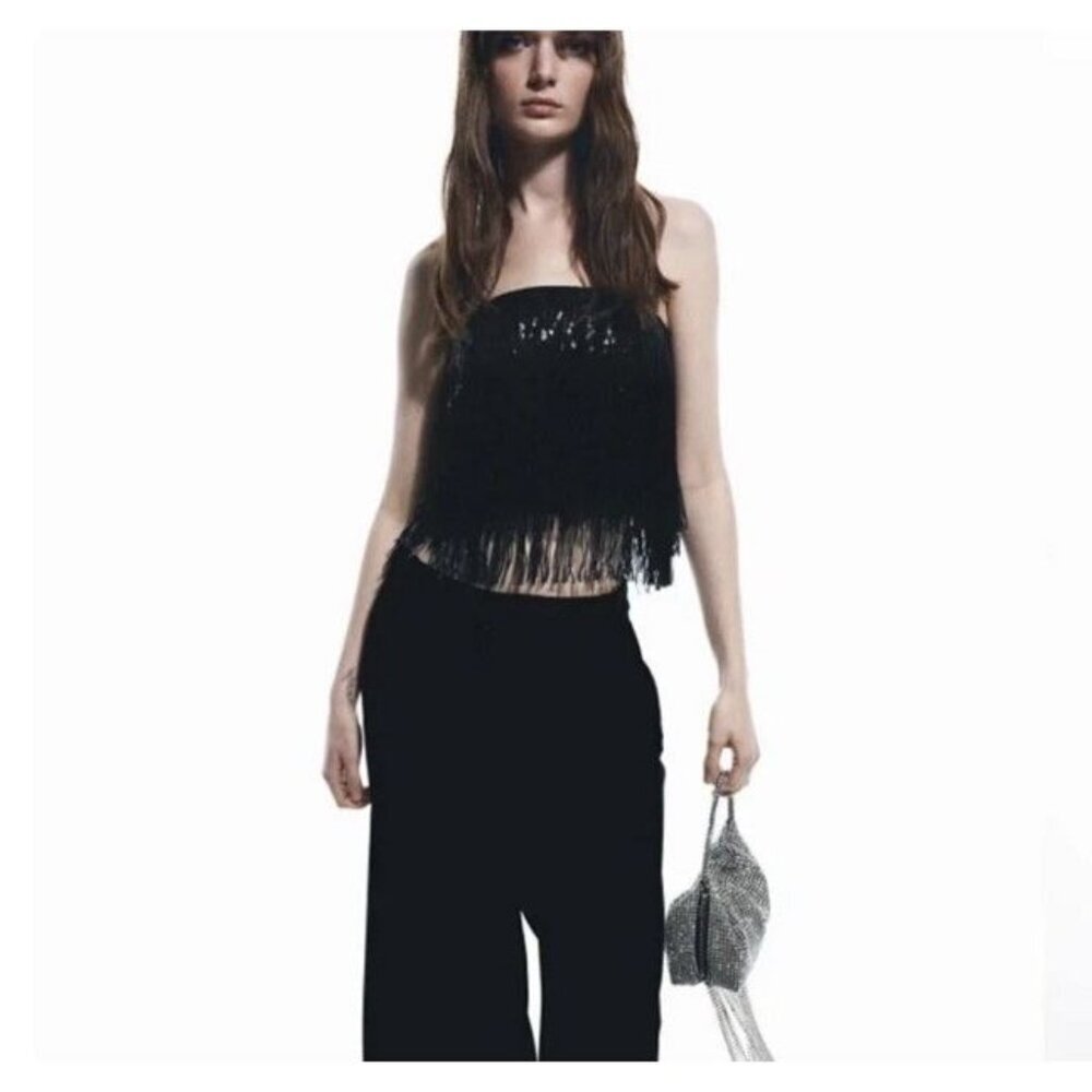 H&M Ladies Black Sequin Fringed Bandeau Tube Top Strapless Club Nightlife Crop S